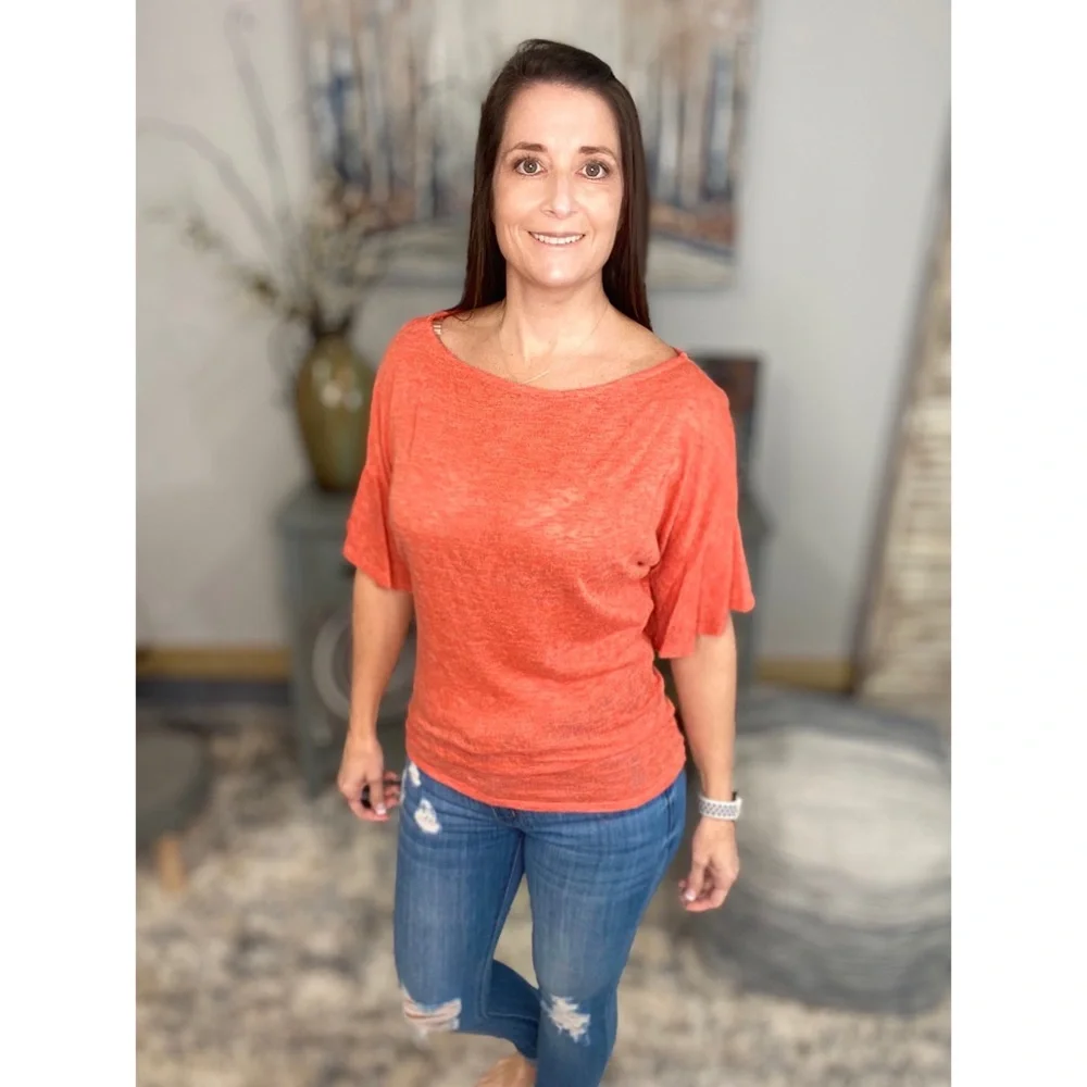 ❤️‍🔥Boat Neck Short Ruffle Bell Dolman Sleeve Top Coral 0922 - Picture 4 of 14